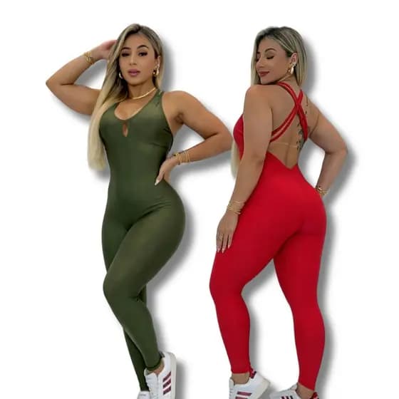 Macacão Feminino De Academia Leg Longo Fitness Alças Cruzadas Nas Costas Liso