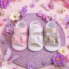 Sandália Bebê Feminina com Borboleta e Pérolas Velcro Rosa Branca e Dourada