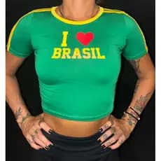 Cropped do Brasil Baby Look I Love Brasil Feminino Verde ou Amarelo | Camiseta Justa Copa Seleção Moda Verão