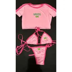 conjunto biquini e cropped do Brasil rosa - biquini rosa de amarrar - look copa do mundo