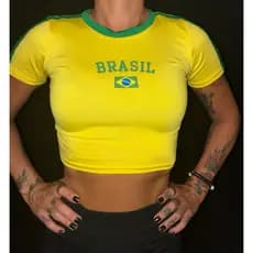 cropped Brasil feminino baby look Camiseta Justa Copa Seleção Brasil Moda Verão
