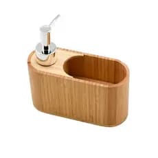 Dispenser Porta Detergente E Esponja Com Valvula Bambu Kit Pia Cozinha 160ml