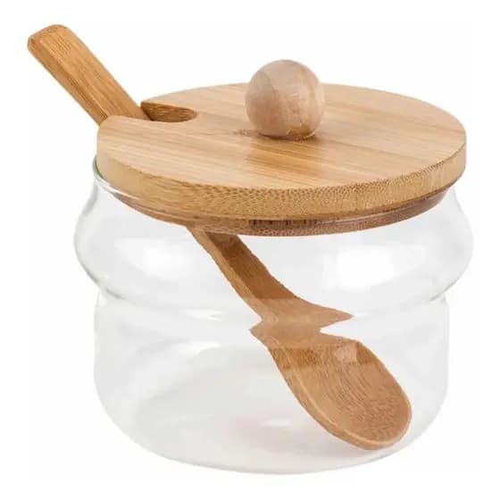 Açucareiro Porta Temperos De Vidro Com Colher e Tampa De Bambu 230ml