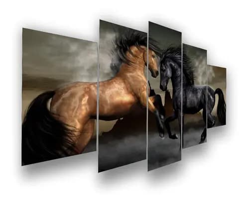 Quadro Cavalos Moderno Hd 5 Peças Mosaico Mdf 6mm