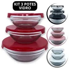 Kit 3 Potes Herméticos de Vidro Redondo com Tampa Util Para Geladeira Prático