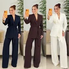 Conjunto Alfaiataria Feminino Blazer e Calça Pantalona Longo Cintura Alta