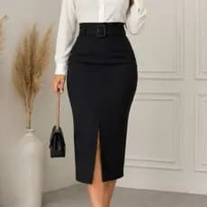 Saia Feminina Midi Moda Evangélica com Cinto Bolso Bengaline Cintura Alta