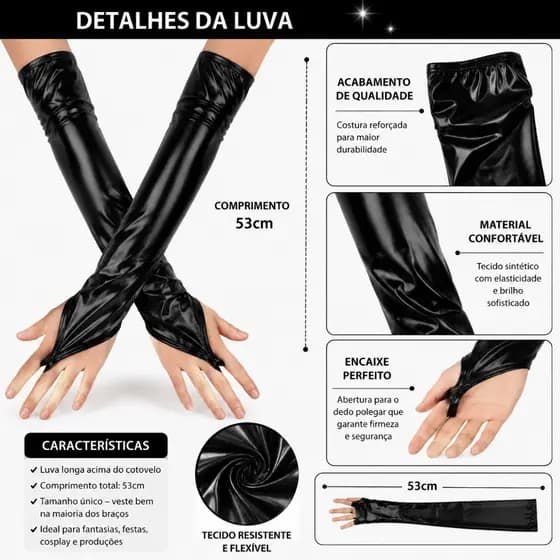 Luva Metálica Longa 50cm Acessório Fantasia Halloween Carnaval Festa Temática Apresentação