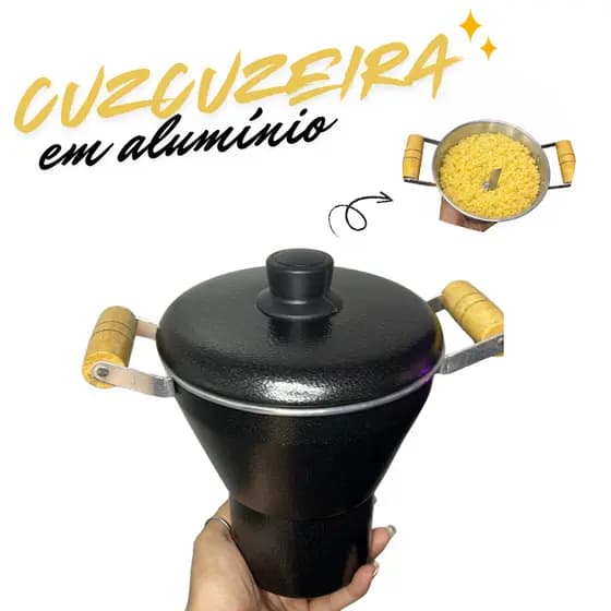 Cuscuzeira em Alumínio Preta com Cabo de Madeira – Leve, Resistente e Ideal para Cozimento a Vapor