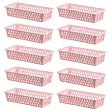 Kit 10 Cesto Organizador Multiuso Gaveta Retangular Branco Rosa Cestinho