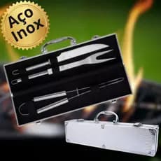Kit Churrasco 3 Peças Aço Inox com Maleta Churrasco de Alumínio
