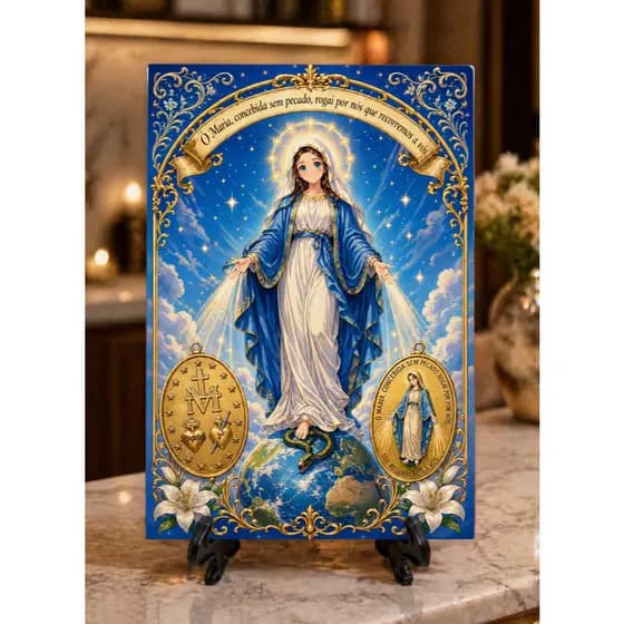 Quadro Nossa Senhora Das Graças Medalha Milagrosa MDF 10x15cm – Estilo Anime/ Católico- Presente dia das Mães