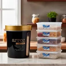 Kit Completo Cozinha Porta Arroz + 6 Potes Multiuso Organizadores De Cozinha