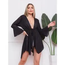 Saida de praia feminino Kimono curta de amarrar com cinto Moda praia feminina Roupa de praia