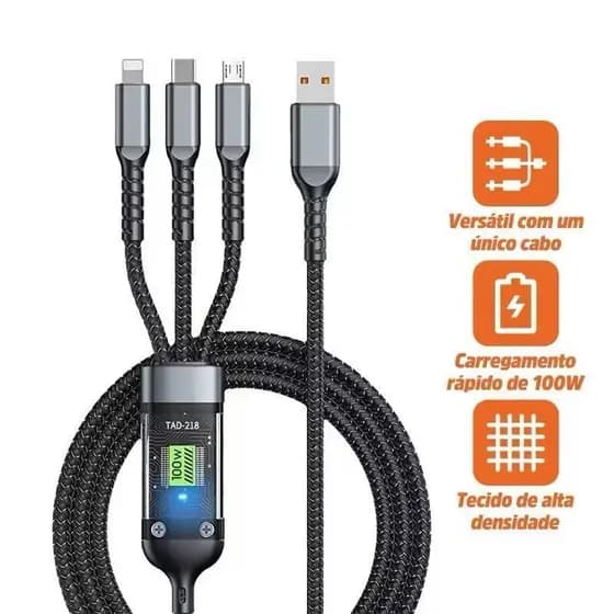 Cabo De Carregador Multi USB 1m Carga Rápida 3 em 1 USB Tipo C, Micro USB e iPhone USB MD-12786