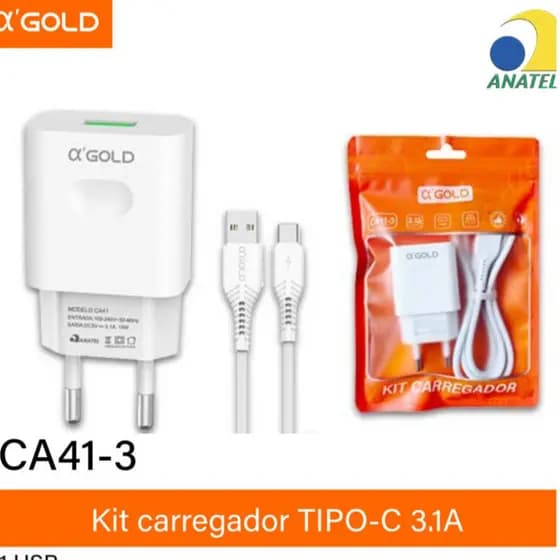 Carregador A' Gold ) Carregador  para Android, Iphone, Tipo C, V8, Lighting Carga rápida saco