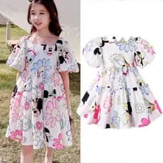 Vestido Floral Fofo Para Meninas , De Manga Bufante De 1 A 8 Anos , Roupas Infantis De Verão , Saia Casual