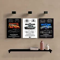 KIT 3 Quadros Decorativos SUPRA, MUSTANG, GTR - Quadro Decorativo Carros para Quarto Sala