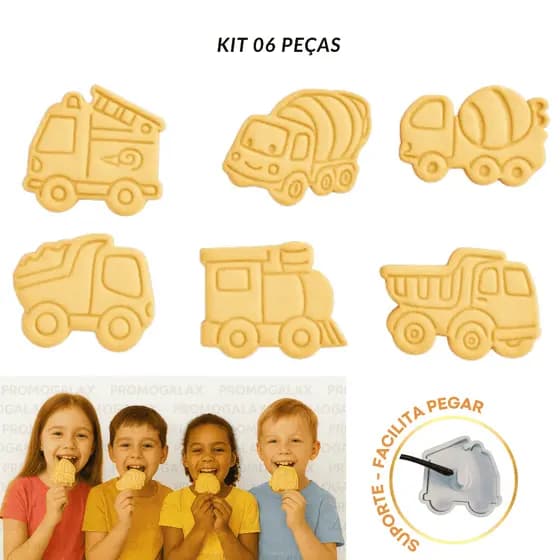 KIT 6 CORTADOR BISCOITO MARCADOR CARIMBO MOLDE FORMA CAMINHÃO