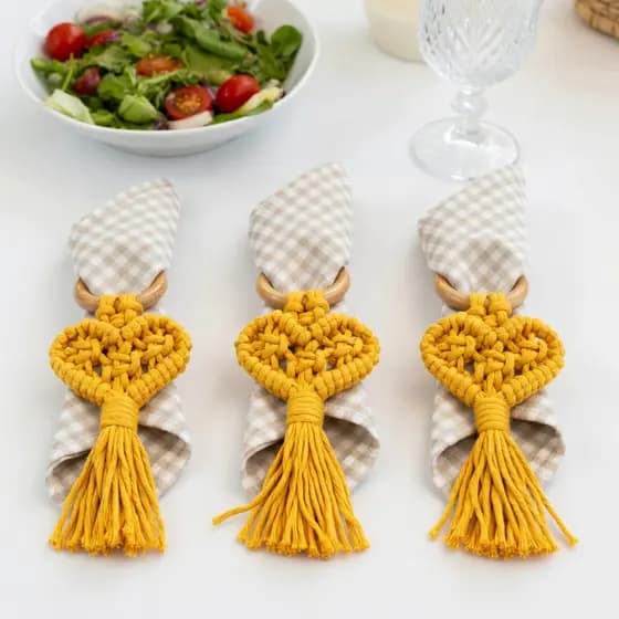 Porta Guardanapo Macramê Argola Madeira - Kit Mesa Posta Boho Chic - 1, 2 ou 4 un