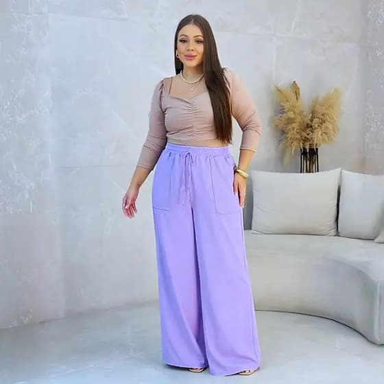 Calça Pantalona Plus Size Feminina Duna Cintura Alta, Elegante, Confortável, com Bolso Visível