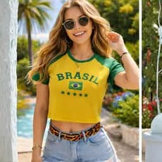 Blusa Brasil Feminina Baby Look Ribana Premium Manga Curta Estampa Brasil Camiseta Feminina Copa