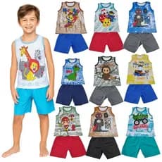 🩵 Kit Conjunto Infantil Menino 10 Peças – 5 Regatas + 5 Shorts Tactel | Roupas Infantis Menino Verão 2 4 6 8 🩵