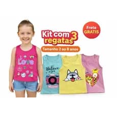 Kit 3 Regata Infantil Menina Algodão Do 2 ao 8 Anos Confortável