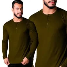 Camiseta Henley Manga Longa Camisa Gola Padre 100% Algodão