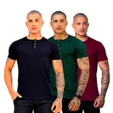 Kit 3 Henley Camiseta Camisa 3 Botões Casual 100%Algodão