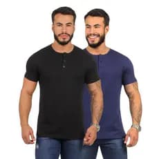 Kit 2 Camisetas Henley 3 Botões Camisa 100% Algodão 30.1