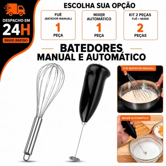 Utensílio Cozinha Fouet Fue + Mixer Automatico Misturador De Bebidas Batedor De Ovo Em Inox Linha Premium