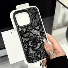 Capa De Telefone Com Padrão De Flores De Renda Preta Para iPhone 17 AIR 16e 15 14 13 12 11 Pro Max Plus XR XS Lichia