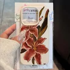 Arte Pintura A Óleo Rosa Lírios Caso De Telefone Para iPhone 17 16e 15 14 13 12 11 Pro Max Plus XR XS Couro Capa Macia