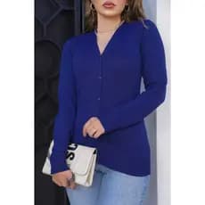 Casaco Cardigan de Lã Básico Feminino Inverno de Tricot Liso de Botões com Elastano Premium