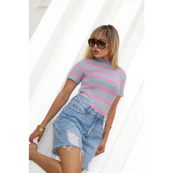 Blusa De Verão Feminina Cacharrel Gola Alta Listrada Manga Curta Tricot Premium Moda Primavera Verão