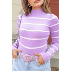 Blusa De Frio Feminina Cacharrel Gola Alta Listrada Manga Longa Tricot Premium Moda Outono Inverno