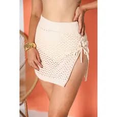 Saia Curta Saída De Praia Feminina Tricot Premium Moda Praia Primavera Verão Com Cordão Lateral