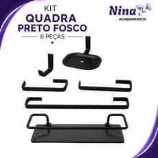 Kit Acessórios Para Banheiro 6 Peças Quadrado Preto Fosco com Porta Shampoo Reto - Luxo