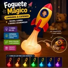 Foguetinho 30cm LED 7 Cores com Cofrinho 🌈🚀 Luminaria Quarto e Decoração porta foto led com Controle sem fio