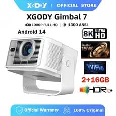XGODY Gimbal 7 Projetor Inteligente 1300 ASNI 8K HD Android 14 Foco Automático 15W Alto-Falante 2 + 16GB BT5.4 Wifi 6