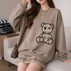 Moletom Feminino Urso Xadrez Blusa de Frio Gola Careca Flanelada Com Estampa
