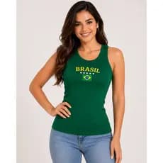 Regata Feminina Brasil Bordada Algodão Canelado Premium Gola Redonda Confortável