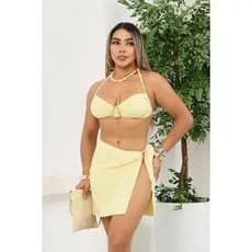 Conjunto Feminino 3 Peças com Fivelas Suplex Poliamida Modela o Corpo Sutiã Calcinha Saia