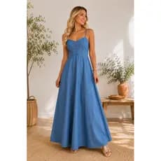 vestido jeans longo, vestido alça fina, vestido feminino, vestido verão, vestido casual, vestido confortável, jeans leve