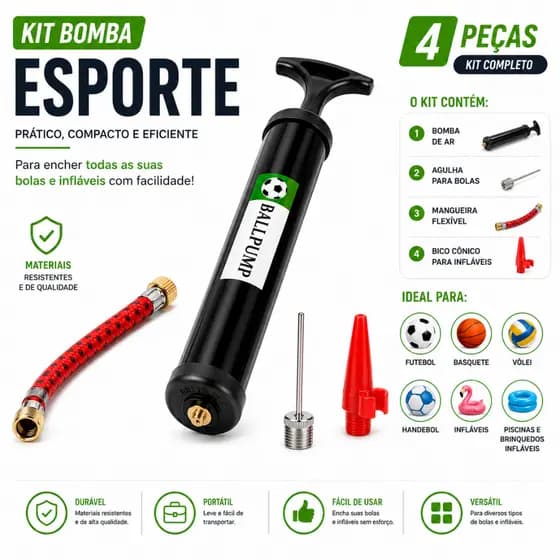 Kit Bomba de Ar para Bolas e Infláveis com 3 Bicos – Compacta, Portátil e Fácil de Usar