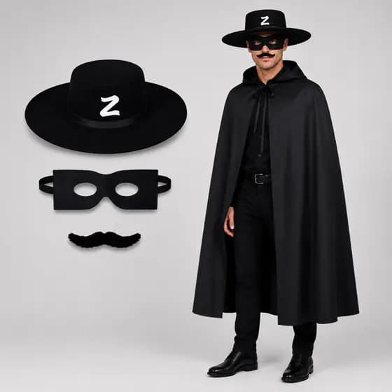 Fantasia Zorro Masculina Feminina Chapéu Capa Máscara Bigode Preto Halloween Carnaval