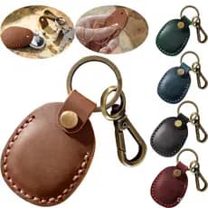 Couro Airtag Case Holder Keychain, portátil artesanal de couro genuíno Air Tag Holder com chaveiro Cobertura completa