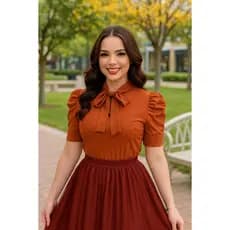 Blusa Social Manga Curta Bufante com laçinho Lisa Social Elegante Moda Evangélica Estilosa