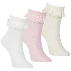 Kit 3 Pares Meia Babado de Renda Algodão Infantil Bebê Cano Médio Menina Rendada Batizado Festa